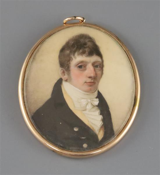 English School c.1800 Miniature portrait of a gentleman wearing a brown coat 2.75 x 2.25in.